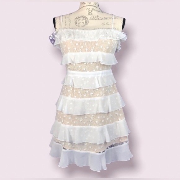 Forever 21 layers of white ruffles on tan sheer lining lace dress med - Picture 4 of 10